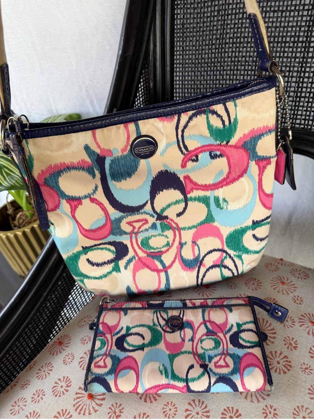 Coach Multicolor Signature Shoulder Bag with Wristlet in Navy Trim